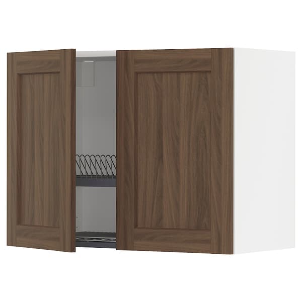 METOD Wall unit with dish rack/2 doors, white Enköping/brown walnut effect, 80x60 cm