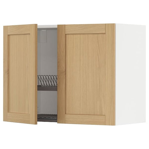 METOD wall cabinet w dish drainer/2 doors, white/Forsbacka oak, 80x60 cm