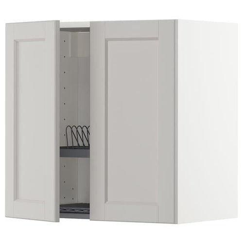 METOD wall cabinet w dish drainer/2 doors, white/Lerhyttan light grey, 60x60 cm