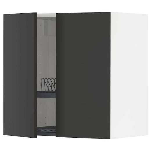 METOD wall cabinet w dish drainer/2 doors, white/Nickebo matt anthracite, 60x60 cm