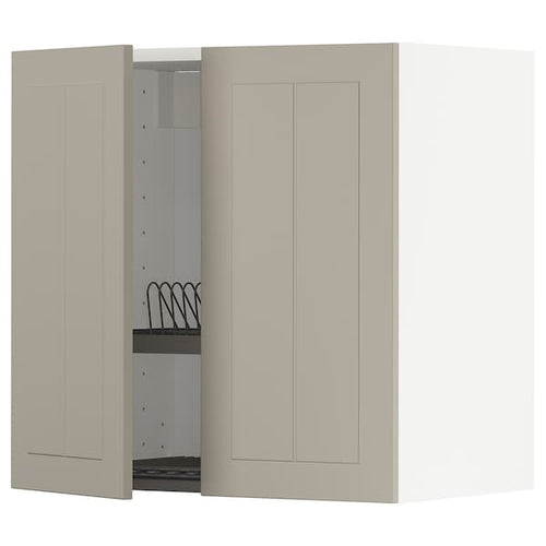 METOD wall cabinet w dish drainer/2 doors, white/Stensund beige, 60x60 cm