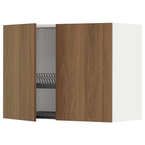 METOD - Wall unit with dish rack/2 doors, white/tistorp walnut brown effect,80x60 cm