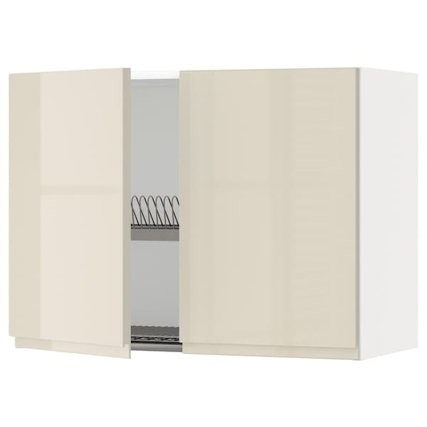 Ikea METOD - Wall unit with dish rack/2 doors, white/Voxtorp light beige high gloss, 80x60 cm ,
