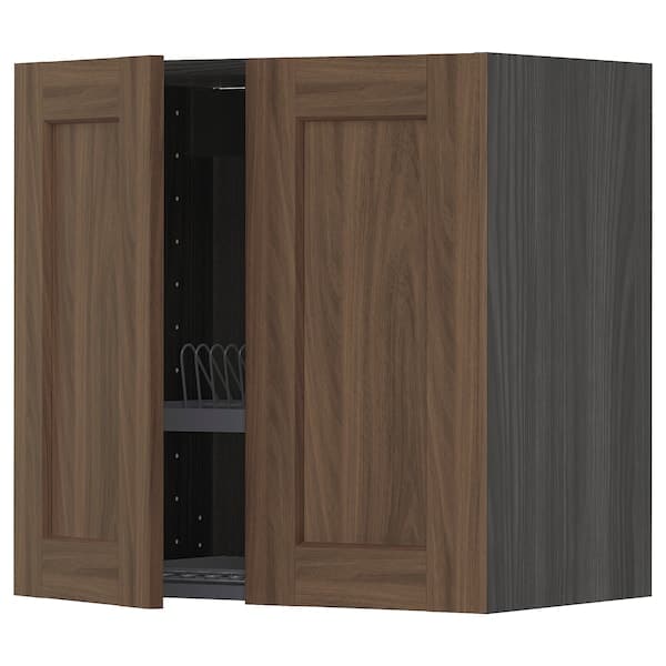 METOD Wall unit with dish rack/2 doors, Enköping black/brown walnut effect, 60x60 cm - best price from Maltashopper.com 89476513