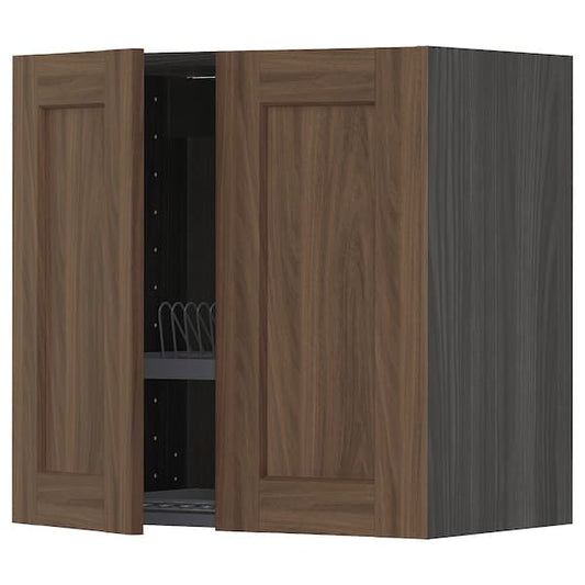 METOD Wall unit with dish rack/2 doors, Enköping black/brown walnut effect, 60x60 cm - best price from Maltashopper.com 89476513