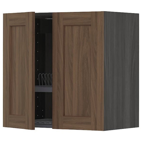 METOD Wall unit with dish rack/2 doors, Enköping black/brown walnut effect, 60x60 cm