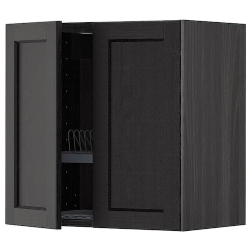 METOD wall cabinet w dish drainer/2 doors, black/Lerhyttan black stained, 60x60 cm