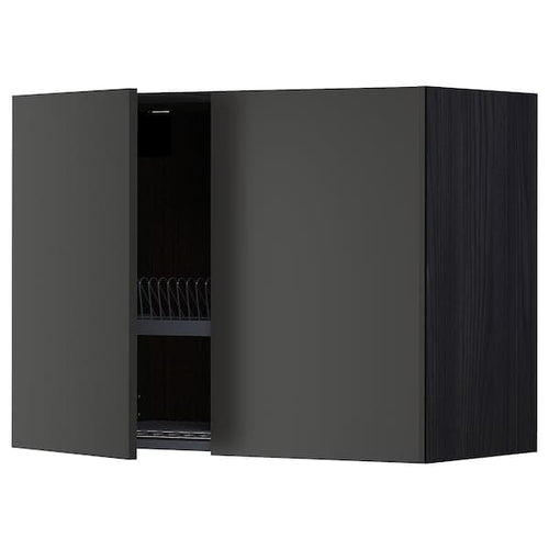 METOD - Wall unit with dish rack/2 doors, black/Nickebo anthracite matt, 80x60 cm