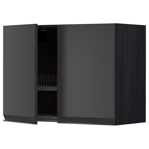 METOD - Wall unit with dish rack/2 doors, black/Upplöv anthracite matt, 80x60 cm ,