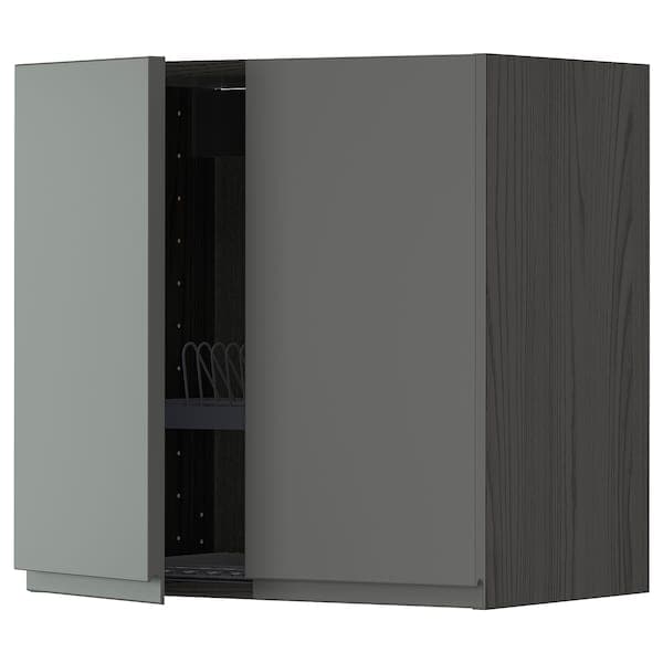 METOD wall cabinet w dish drainer/2 doors, black/Voxtorp dark grey, 60x60 cm
