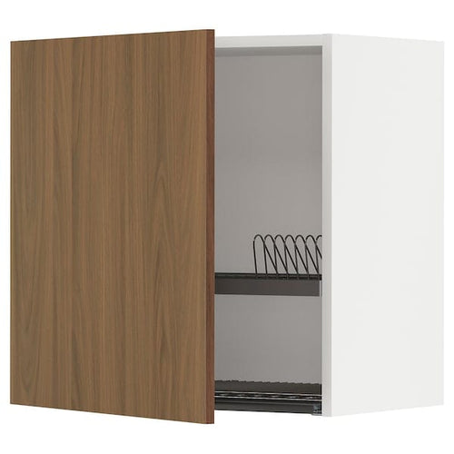 METOD wall cabinet with dish drainer, white/Tistorp brown walnut effect, 60x60 cm