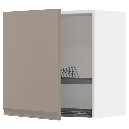 METOD wall cabinet with dish drainer, white/Upplöv matt dark beige, 60x60 cm