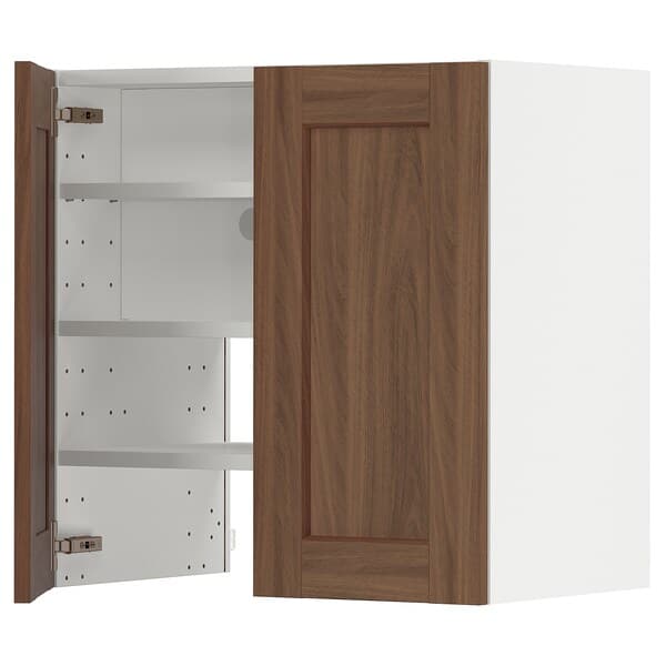 METOD - Wall cb f extr hood w shlf/door, white Enköping/brown walnut effect, 60x60 cm