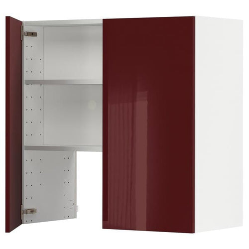 METOD - Wall cb f extr hood w shlf/door, white Kallarp/high-gloss dark red-brown , 80x80 cm