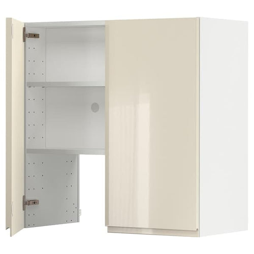 METOD - Wall cb f extr hood w shlf/door, white/Voxtorp high-gloss light beige , 80x80 cm