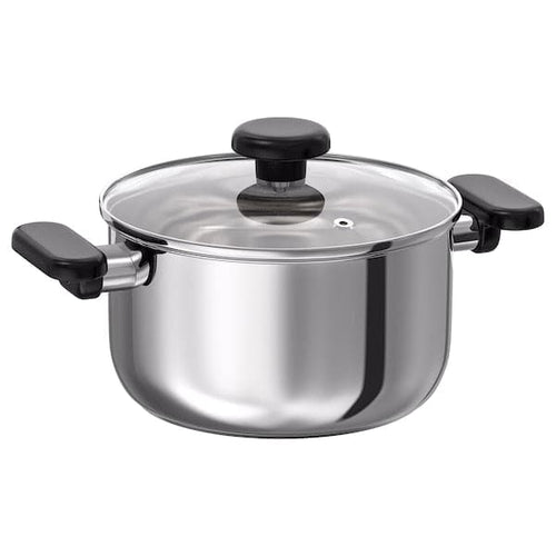 MIDDAGSMAT - Pot with lid, clear glass/stainless steel, 3 l