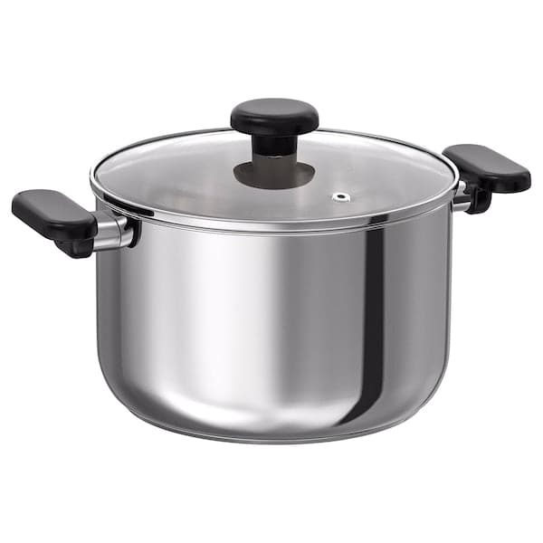 MIDDAGSMAT - Pot with lid, clear glass/stainless steel, 5 l