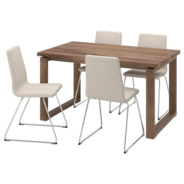 Ikea MÖRBYLÅNGA / LILLÅNÄS - Table and 4 chairs, stained oak veneer brown/chrome Gunnared beige, 140x85 cm