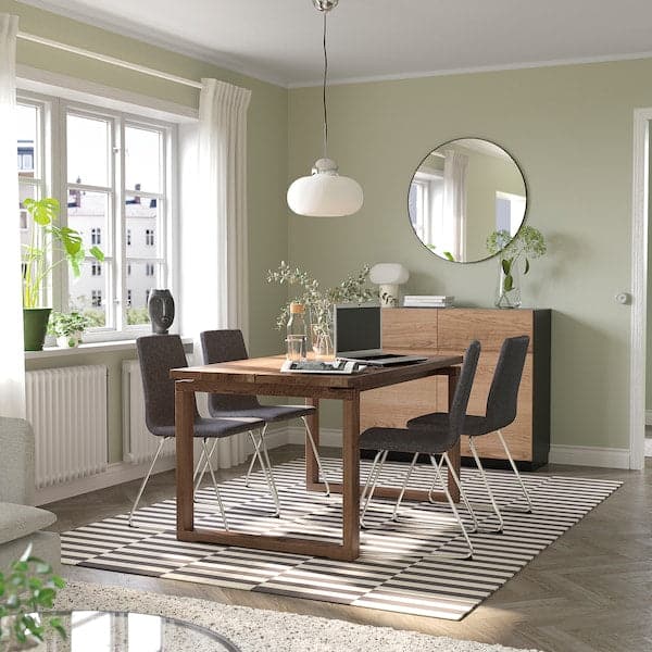 Ikea MÖRBYLÅNGA / LILLÅNÄS - Table and 4 chairs, stained oak veneer brown/chrome Gunnared dark grey, 140x85 cm ,