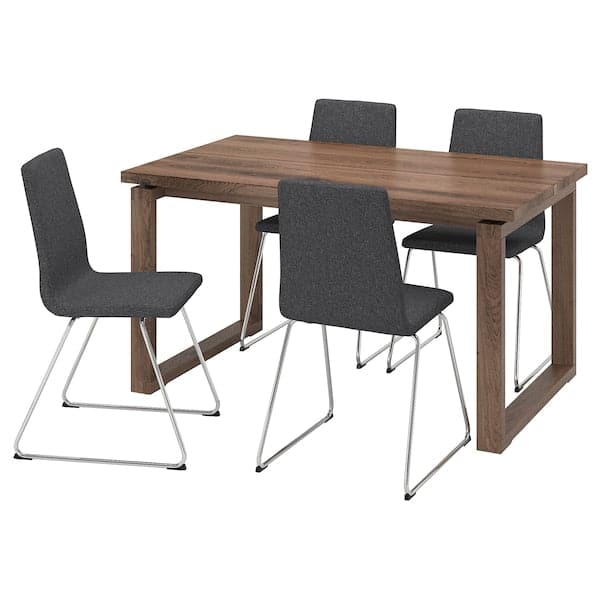 Ikea MÖRBYLÅNGA / LILLÅNÄS - Table and 4 chairs, stained oak veneer brown/chrome Gunnared dark grey, 140x85 cm ,