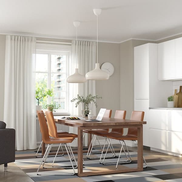 MÖRBYLÅNGA / LILLÅNÄS - Table and 6 chairs, Bomstad ochre brown stained oak veneer, 220x100 cm