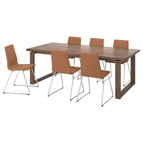 MÖRBYLÅNGA / LILLÅNÄS - Table and 6 chairs, Bomstad ochre brown stained oak veneer, 220x100 cm