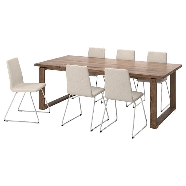 Ikea MÖRBYLÅNGA / LILLÅNÄS - Table and 6 chairs, stained oak veneer brown/chrome Gunnared beige, 220x100 cm