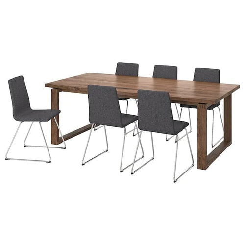 MÖRBYLÅNGA / LILLÅNÄS table and 6 chairs, oak veneer brown stained/chrome-plated Gunnared dark grey, 220x100 cm