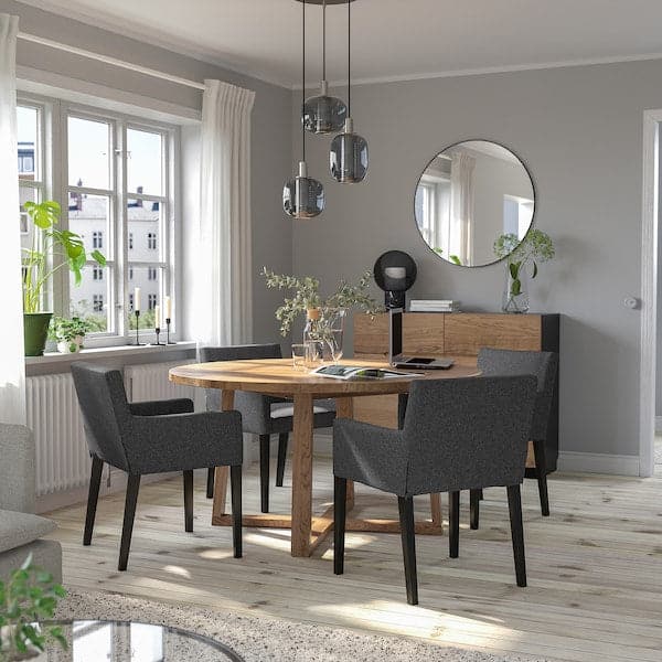 Ikea MÖRBYLÅNGA / MÅRENÄS - Table and 4 chairs with armrests, stained oak veneer brown/black Gunnared dark grey, , 145 cm