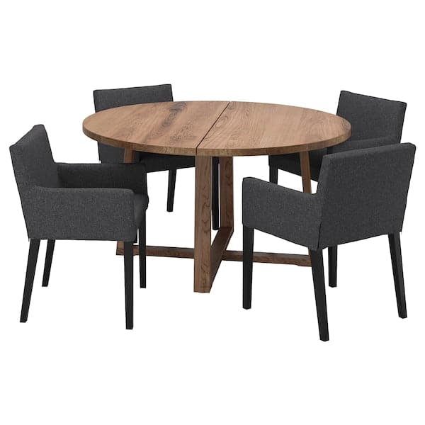 Ikea MÖRBYLÅNGA / MÅRENÄS - Table and 4 chairs with armrests, stained oak veneer brown/black Gunnared dark grey, , 145 cm