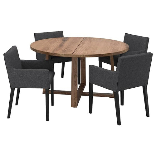 MÖRBYLÅNGA / MÅRENÄS - Table and 4 chairs with armrests, stained oak veneer brown/black Gunnared dark grey, , 145 cm