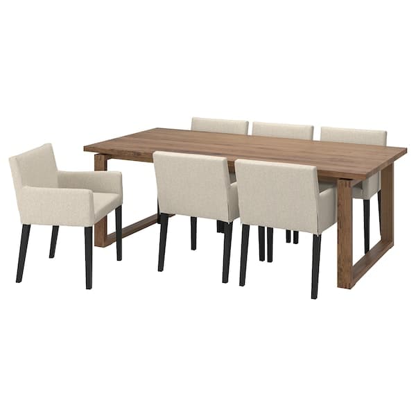 MÖRBYLÅNGA / MÅRENÄS - Table and 6 chairs with armrests, stained oak veneer brown/black Gunnared beige,