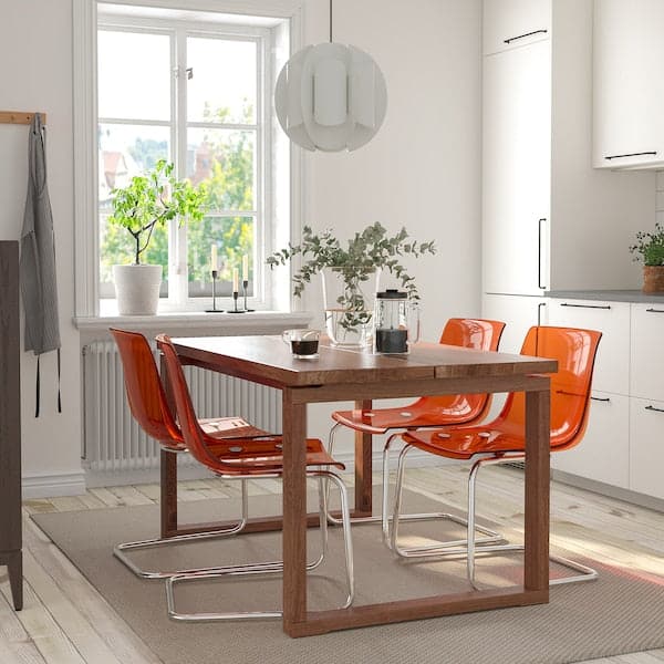 MÖRBYLÅNGA / TOBIAS - Table and 4 chairs, oak veneer brown  stained/brown-red chrome-plated, 140x85 cm