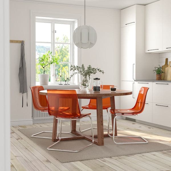 MÖRBYLÅNGA / TOBIAS - Table and 4 chairs, oak veneer brown stained/brown-red chrome-plated, 145 cm - best price from Maltashopper.com 39484959