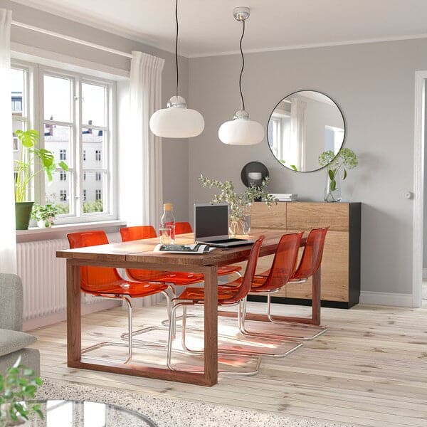 MÖRBYLÅNGA / TOBIAS - Table and 6 chairs, oak veneer brown stained/brown-red chrome-plated, 220x100 cm - best price from Maltashopper.com 59484963