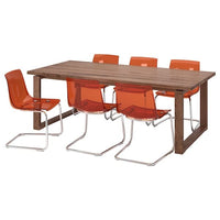 MÖRBYLÅNGA / TOBIAS - Table and 6 chairs, oak veneer brown stained/brown-red chrome-plated, 220x100 cm - best price from Maltashopper.com 59484963