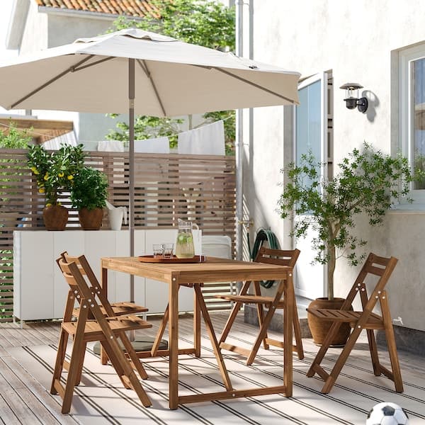 Ikea NÄMMARÖ - Table+4 folding chairs, outdoor, light brown stained, 140 cm