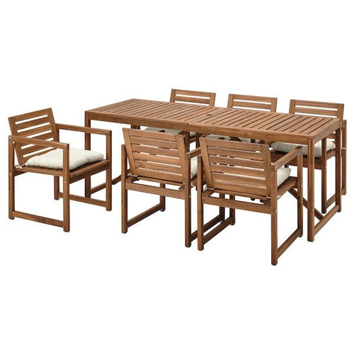 NÄMMARÖ - Table+6 chairs armrests, garden, mordant light brown/Kuddarna beige ,