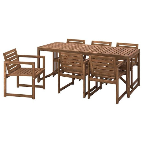 NÄMMARÖ - Table+6 chairs w armrests, outdoor, light brown stained, 200 cm