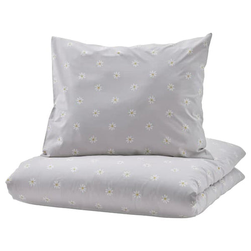 NATTSLÄNDA - Duvet cover and pillowcase, floral pattern grey/white, 150x200/50x80 cm