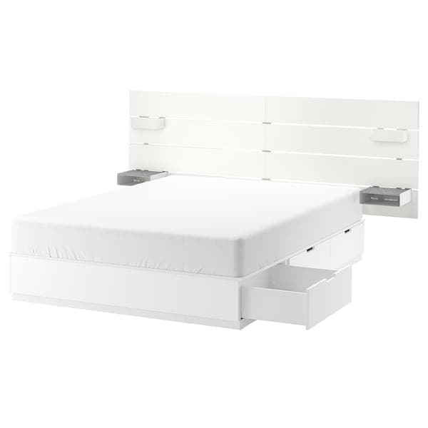 NORDLI - Bed frame w storage and headboard, white, 140x200 cm - best price from Maltashopper.com 09241420