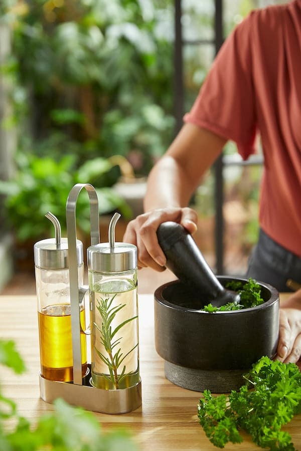 ÖRTFYLLD - 3-piece oil/vinegar set, glass/stainless steel - best price from Maltashopper.com 40391351