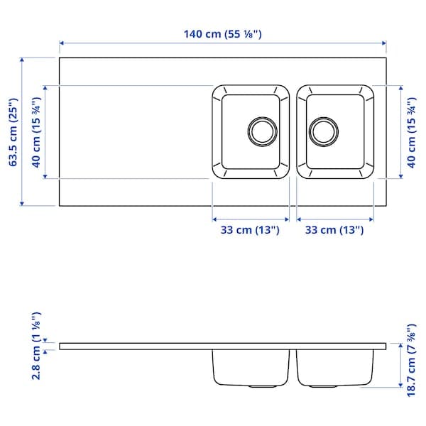 OLOFSJÖN Worktop 2 integrated sinks - stainless steel 140x63.5 cm , 140x63.5 cm - best price from Maltashopper.com 79337551
