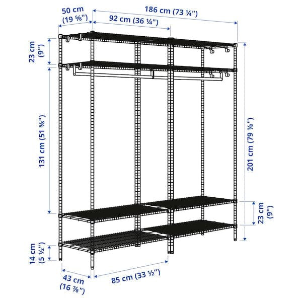Ikea OMAR - Shelving unit with clothes rail, galvanised, 186x50x201 cm