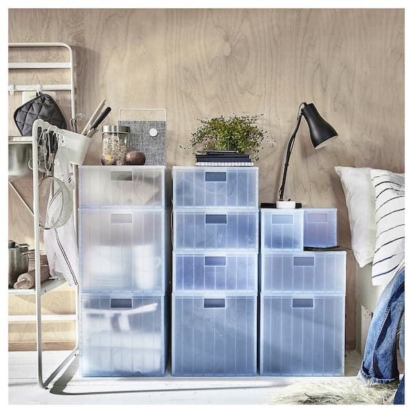 RYKTA Storage box with lid - transparent grey-blue 24x36x23 cm/14.5 l