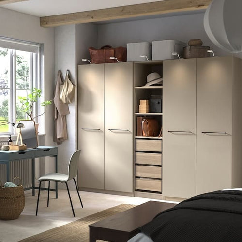 PAX / FORSAND - Wardrobe combination, grey-beige/white stained oak effect grey-beige, 250x60x201 cm
