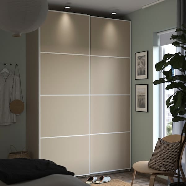 Ikea PAX / MEHAMN - Wardrobe with sliding doors, grey-beige/double sided grey-beige, 150x66x236 cm