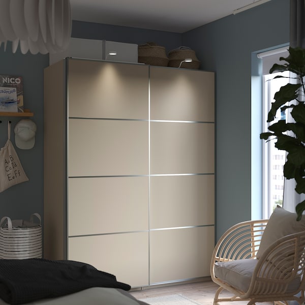 PAX / MEHAMN - Wardrobe with sliding doors, grey-beige/double sided grey-beige, 150x66x201 cm