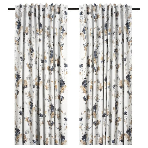 PIALOTTA Semi-darkening curtains, 1 pair - light beige/Flowers 145x300 cm