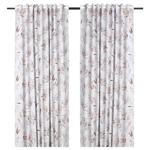 PIALOTTA Semi-darkening curtains, 1 pair - light beige/leaf 145x300 cm